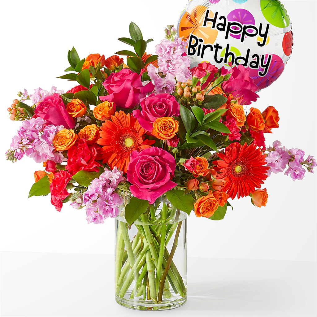 Fiesta Bouquet with Birthday Balloon – Taylor Florist, Billerica MA