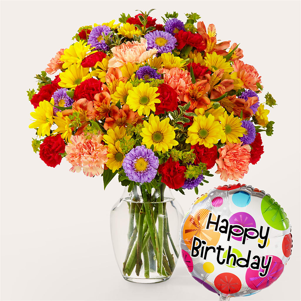 Kaleidoscope Bouquet with Birthday Balloon – Taylor Florist, Billerica MA