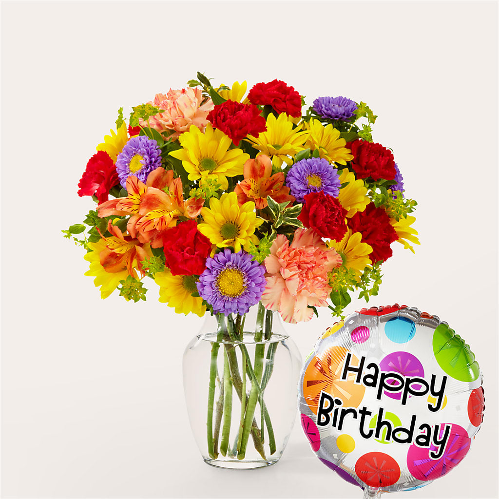 Kaleidoscope Bouquet with Birthday Balloon – Taylor Florist, Billerica MA