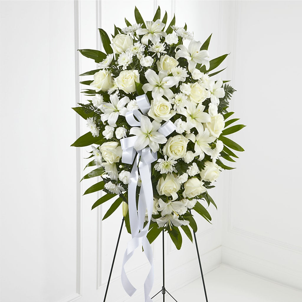 Exquisite Tribute Standing Spray-White Ribbon – Taylor Florist, Billerica MA